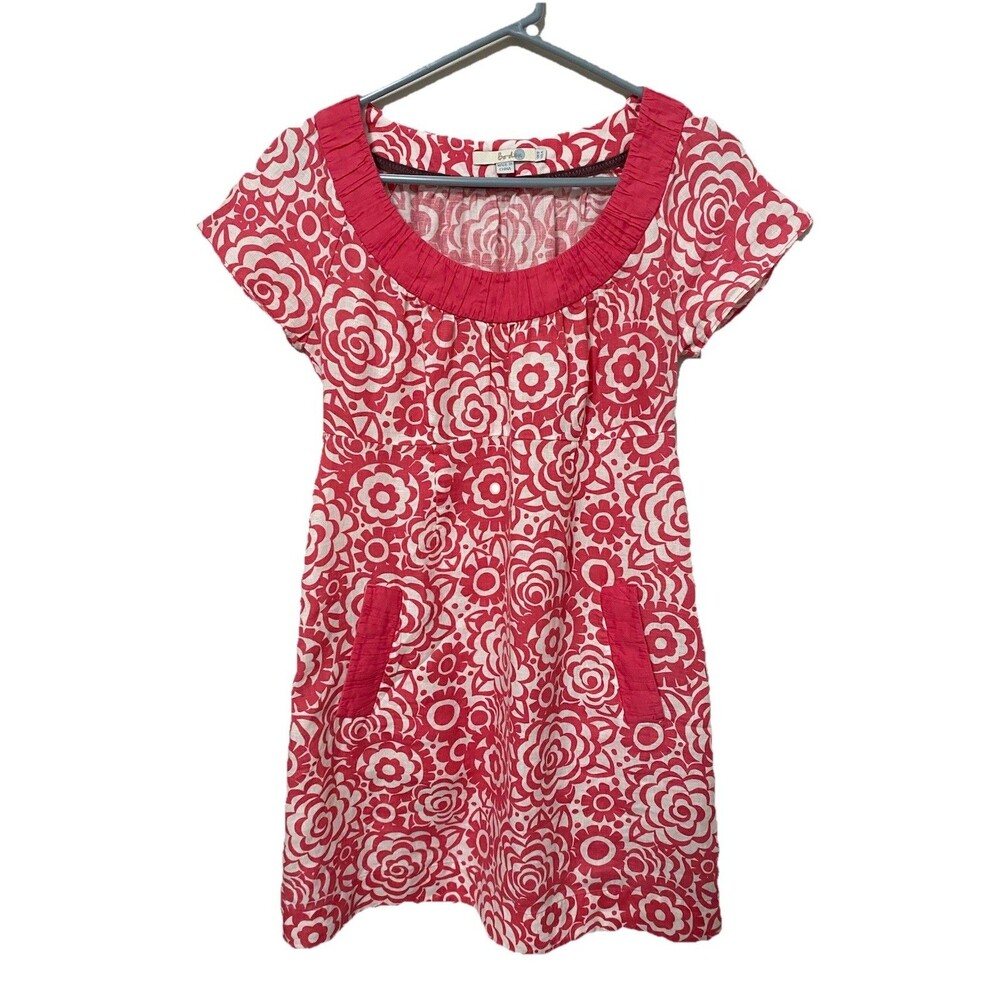 Boden Womens Pink White Floral Linen Short Sleeve Scoop Neck Shift Dress 4